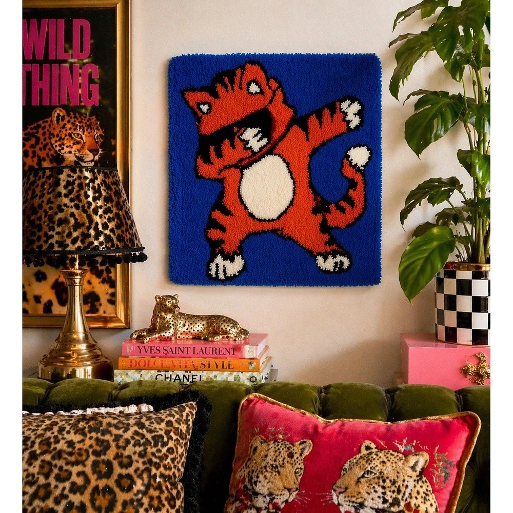 Retro Dabbing Tiger Latch Hook Rug Wall Hanging Orange Blue Funky Animal Decor